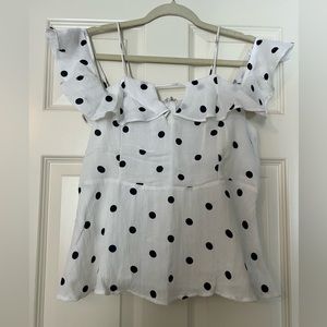 White/Navy Polka dot off shoulder shirt